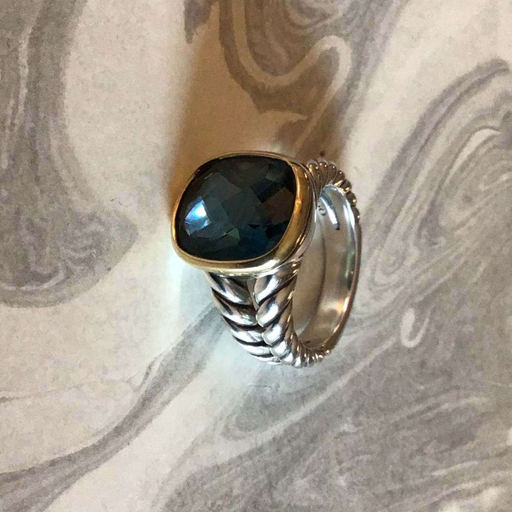 David Yurman, Silver Cable Ring, Size 7, Blue Topaz.